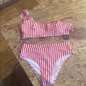 NWT red striped highwaisted bikini XL